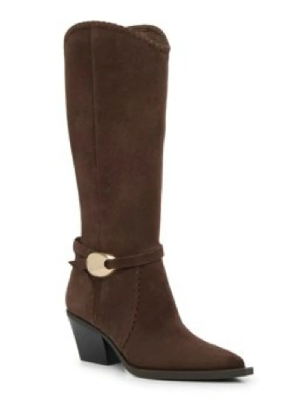 Dolce Vita 7.5 Dark Brown Suede Raylin Western Boot 2.5” Block Heel Gold Accent
